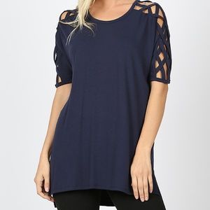 Casual Top Navy Criss-cross Shoulder Side Hi-Low